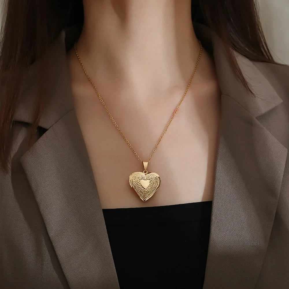 Heart Locket Pendants Necklaces For Women Gold Color Photo Frame Valentine Lovers Necklace 45/66cm Gift Jewelry