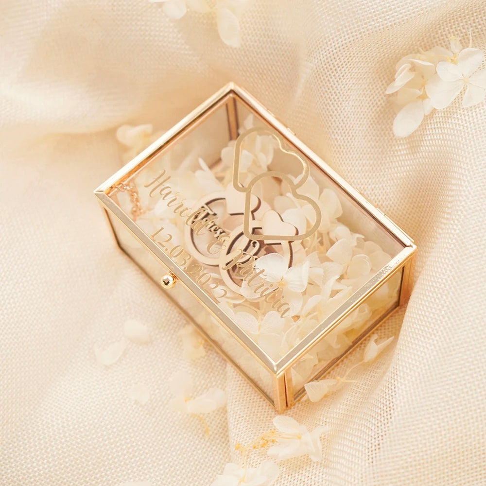 Personalized Rectangle Glass Jewelry Box, Wedding Ring Box, Double Slot, Valentine's Day, Proposal, Engagement, Gift