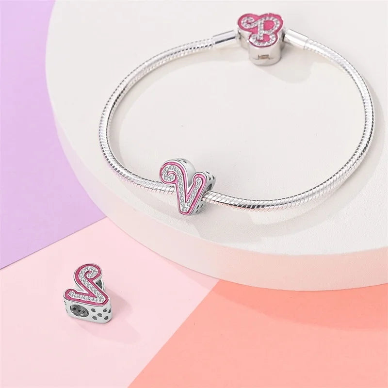 Hot Sale 925 Sterling Silver Pink 26 Letters Valentine's Day Gift Beads Suitable For Pan 925 Original Bracelet Diy Birthday