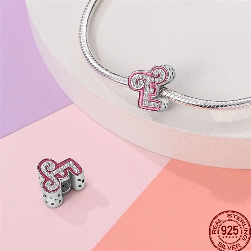 Hot Sale 925 Sterling Silver Pink 26 Letters Valentine's Day Gift Beads Suitable For Pan 925 Original Bracelet Diy Birthday