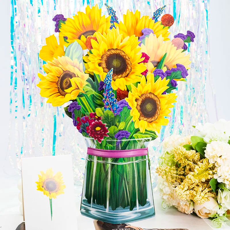 Premium 3D Pop Up Flower Bouquet Card Mothers Day Gift Valentines Day Anniversary Birthday Greeting Cards Thank You Wishes Gifts