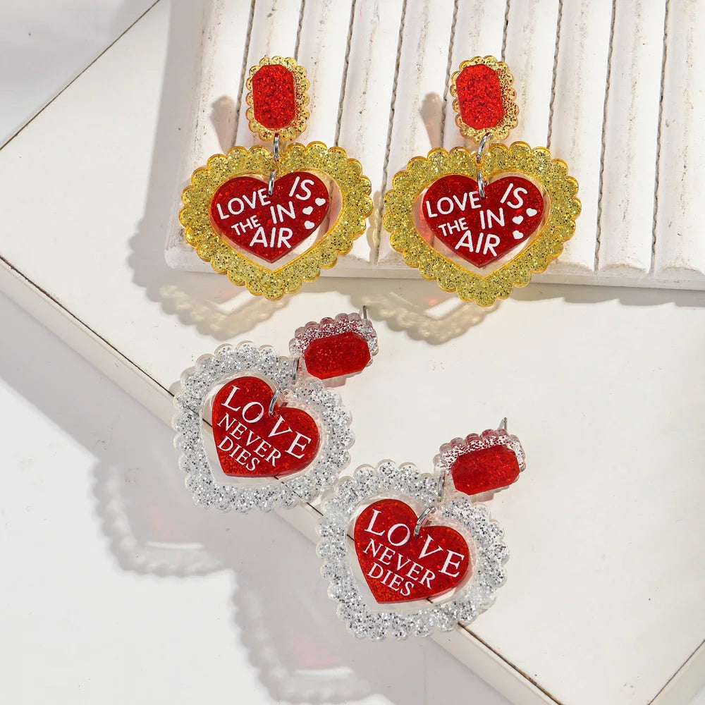 New Glitter Love Heart Acrylic Splicing Earrings Women Sweet Statement Peach Drop Earring Romantic Jewelry Valentine's Day Gifts