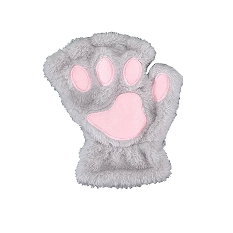Rimiut Cartoon Cat Claw Gloves for Women Girls Thickened Plush Lovely Style Bear Paw Exposed Fingers Half Finger Winter Gloves
