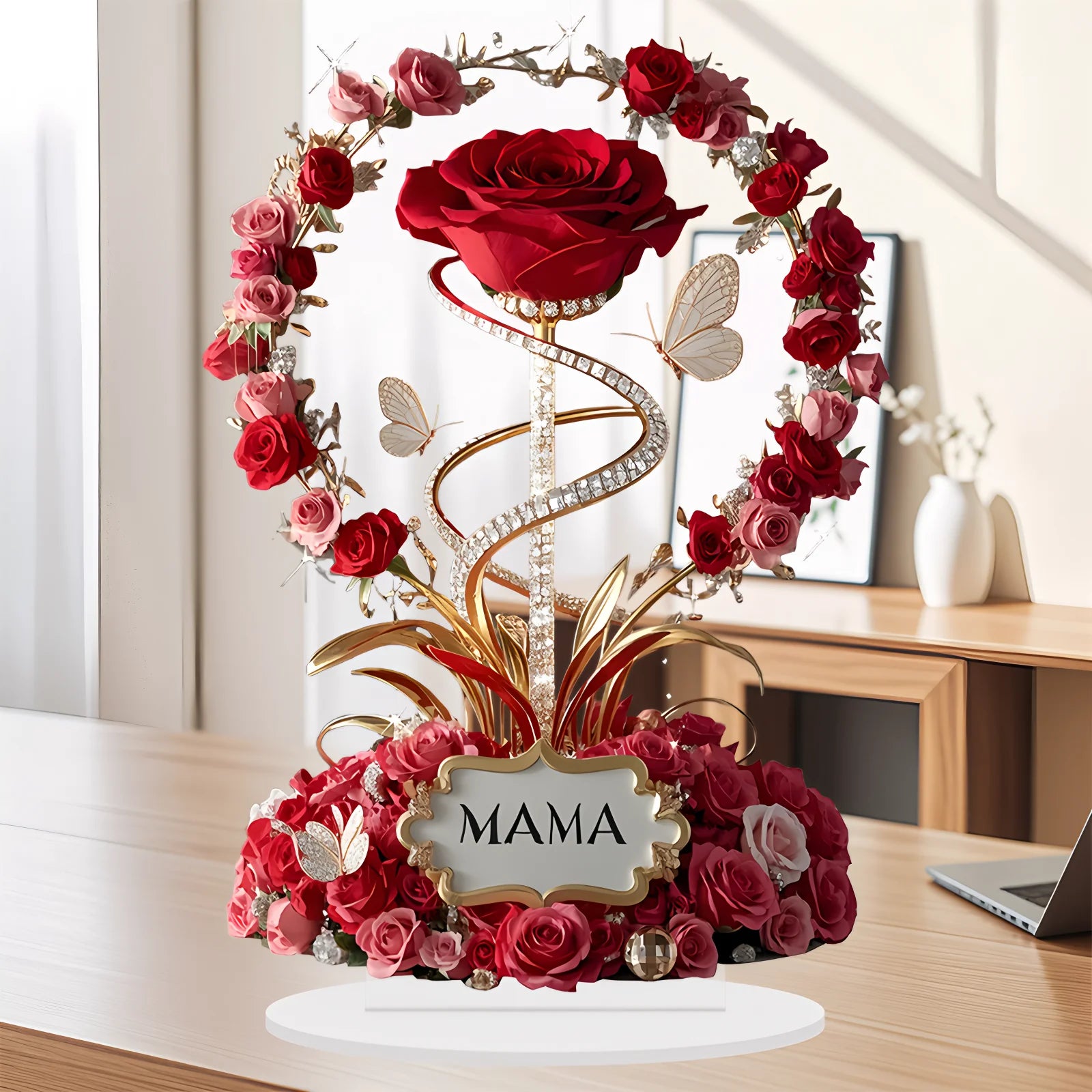 2D Acrylic Ornament Red Rose MOM Pattern Roses Mother Flat Elegant Desk Decora Filial Child to Mother Gifts