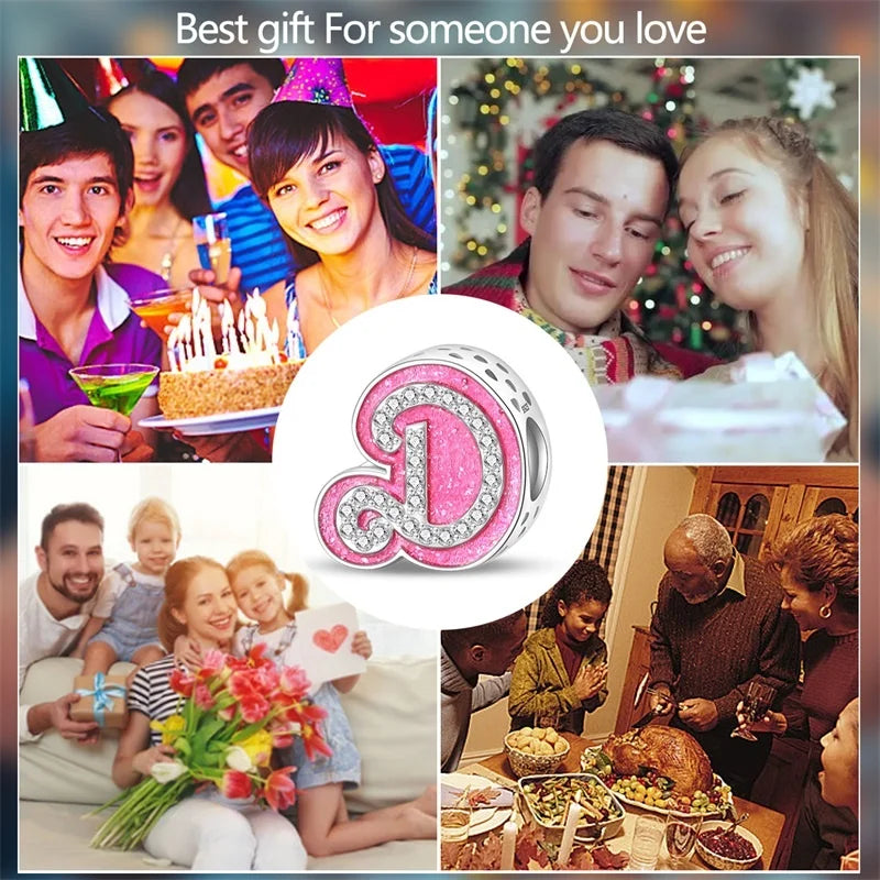 Hot Sale 925 Sterling Silver Pink 26 Letters Valentine's Day Gift Beads Suitable For Pan 925 Original Bracelet Diy Birthday