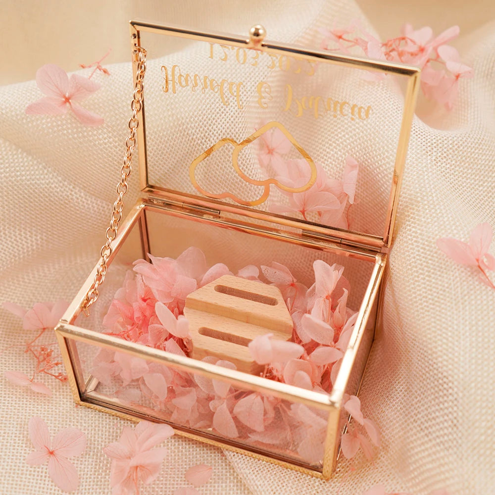 Personalized Rectangle Glass Jewelry Box, Wedding Ring Box, Double Slot, Valentine's Day, Proposal, Engagement, Gift
