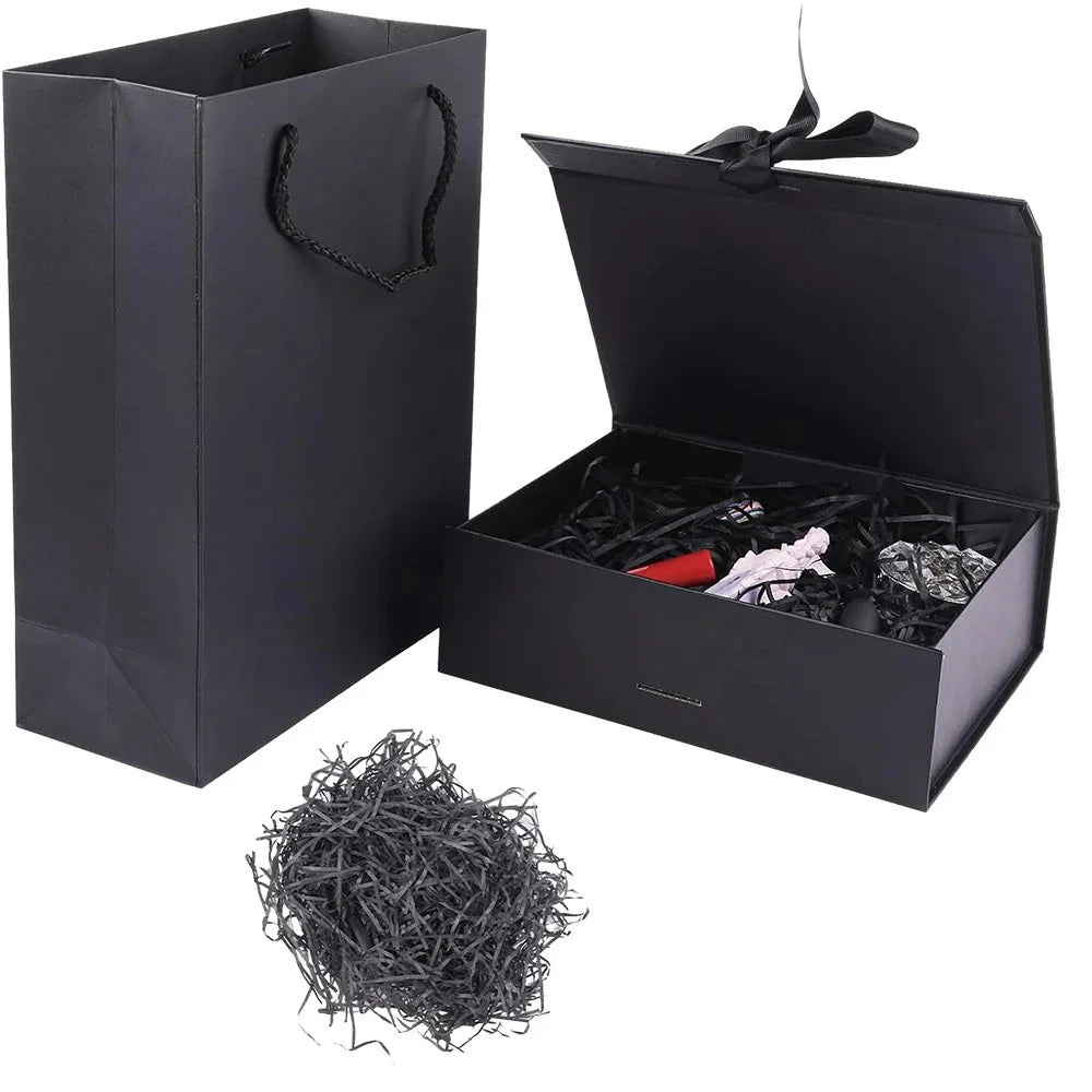 3pcs Black Magnetic Gift Box with Lid Ribbons Paper Bags Shredded Paper Filler for Valentine's Day Presents Packaging Box