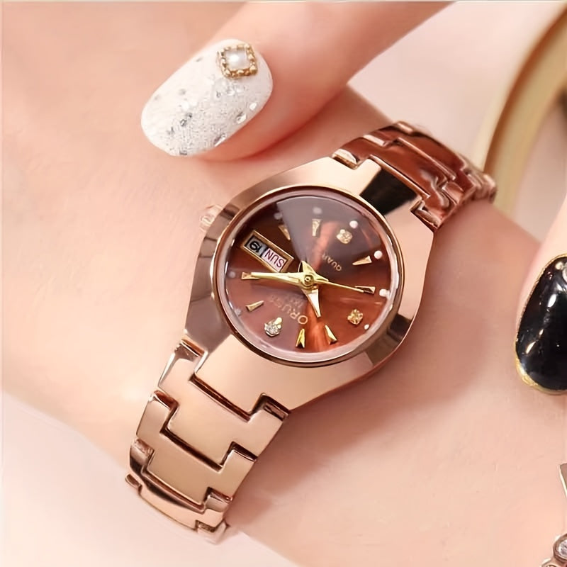 Stylish Rhinestone Dial Quartz Watch - Waterproof, Calendar, Analog Wristwatch for Daily Life, Business, Travel, and Dates