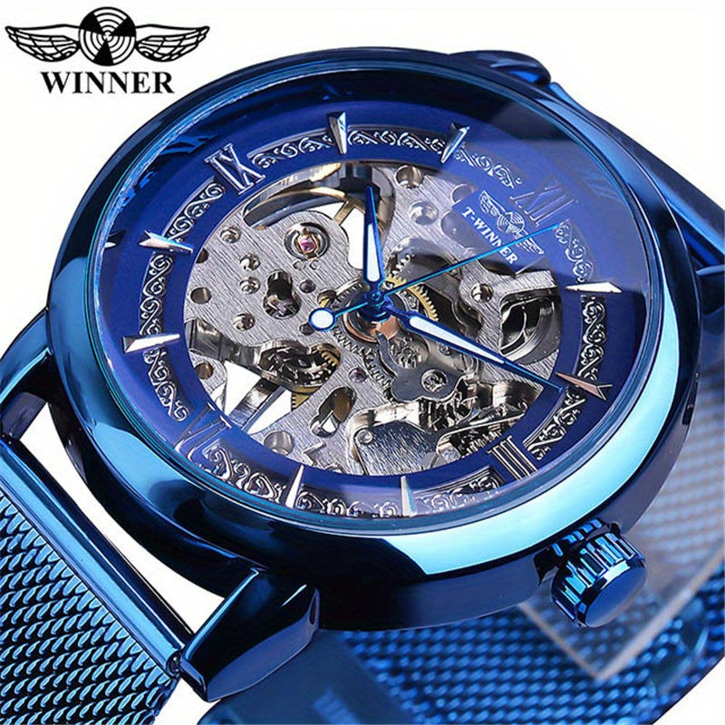 Stainless Steel Automatic Mens Watch - Fashionable Hollow Design, Mesh Strap, Water-resistant for Business & Casual Wear