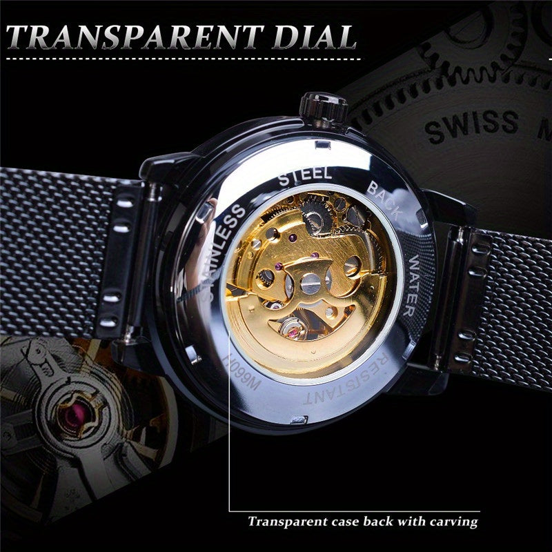Stainless Steel Automatic Mens Watch - Fashionable Hollow Design, Mesh Strap, Water-resistant for Business & Casual Wear