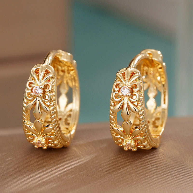 Womens Metal-Plated Heart-Shaped Hollow Floral Earrings