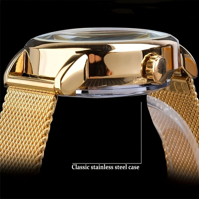 Stainless Steel Automatic Mens Watch - Fashionable Hollow Design, Mesh Strap, Water-resistant for Business & Casual Wear