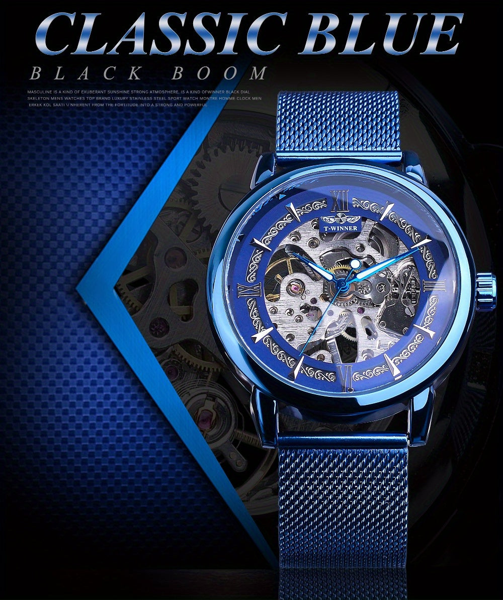 Stainless Steel Automatic Mens Watch - Fashionable Hollow Design, Mesh Strap, Water-resistant for Business & Casual Wear