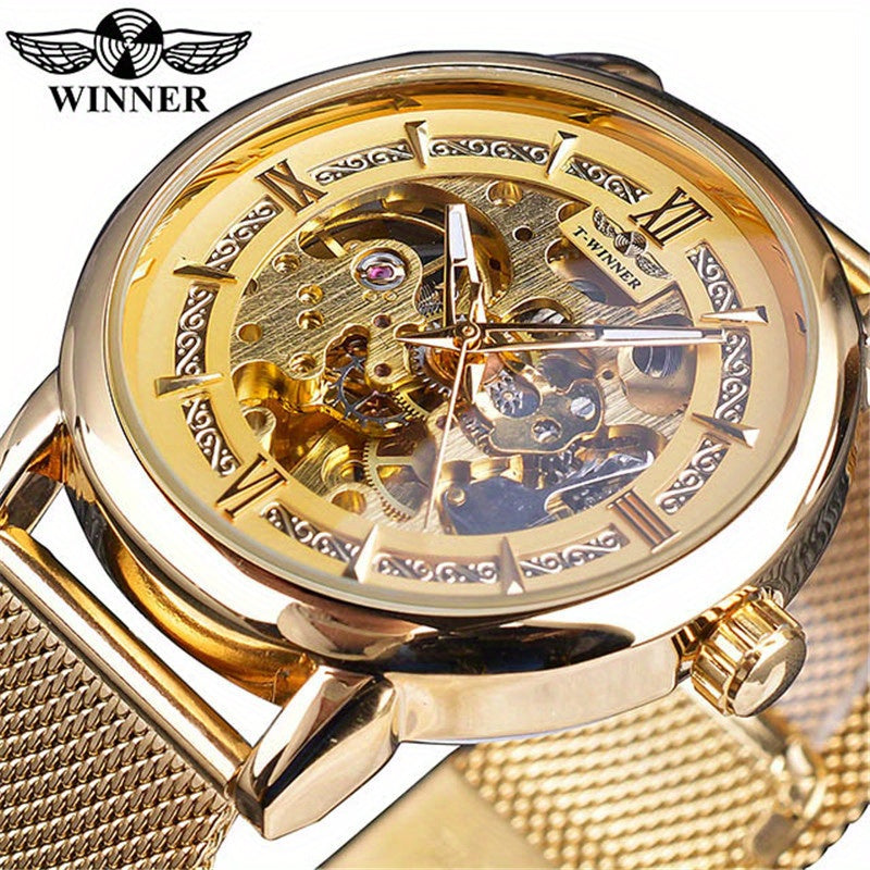 Stainless Steel Automatic Mens Watch - Fashionable Hollow Design, Mesh Strap, Water-resistant for Business & Casual Wear